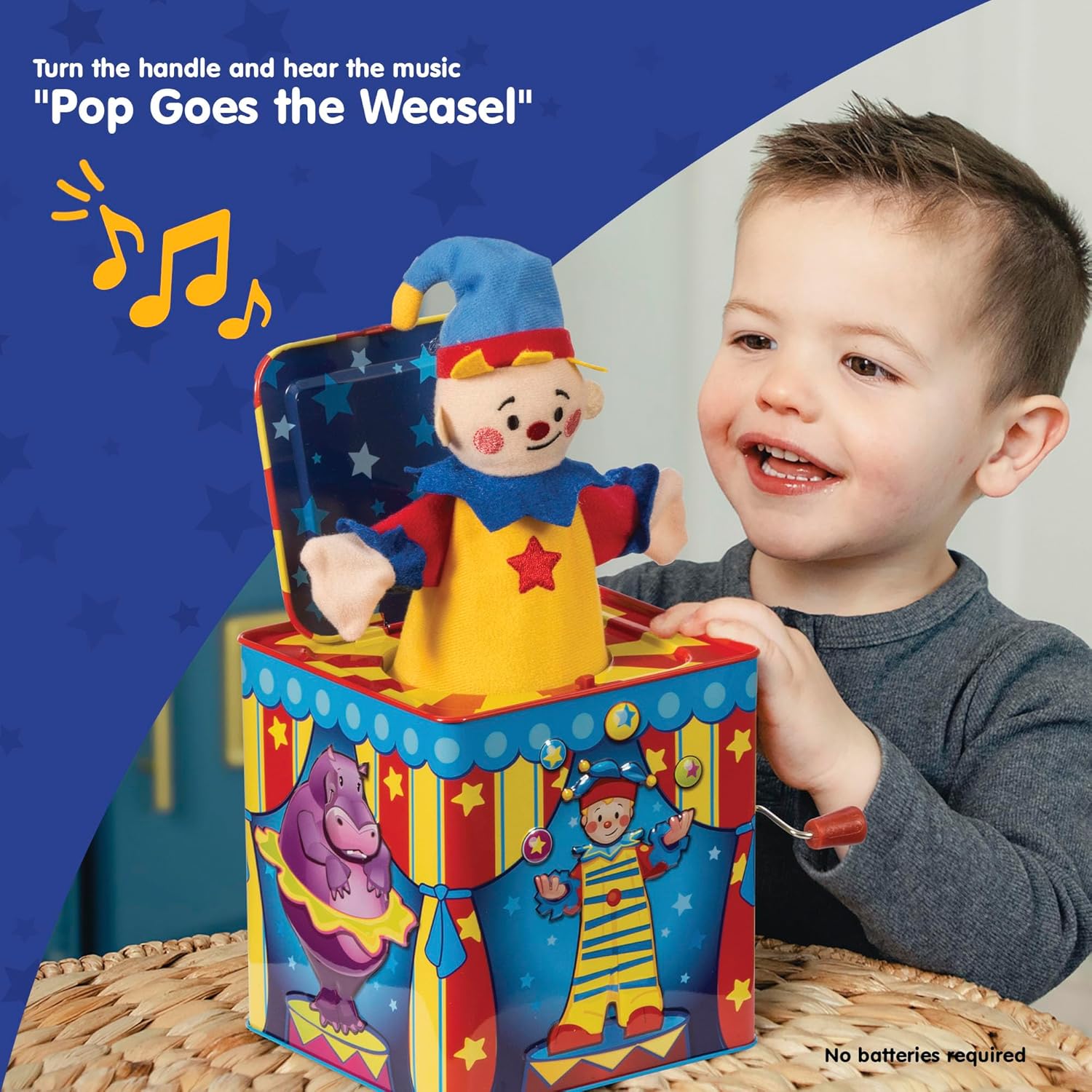 Schylling Silly Circus Jack in the Box - Classic Children-s Musical Toy - Colorful Embossed Tin Box and Friendly Plush - Age 18 months and Up - Image 2